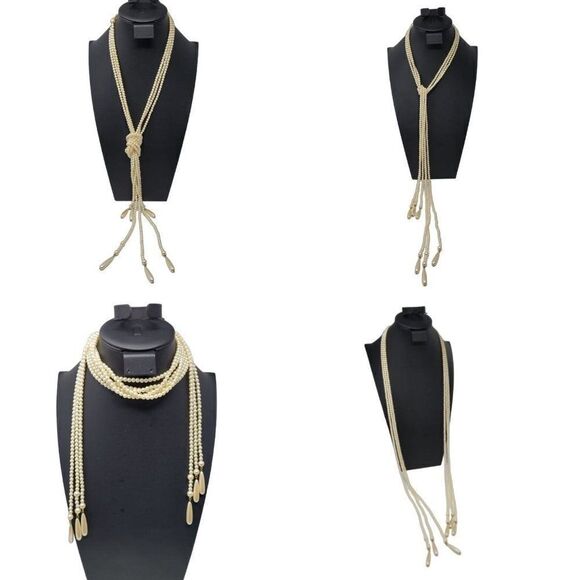 Vintage Signed Liz Claiborne Multi Strand Faux Pearl Tassel Lariat Necklace - Picture 1 of 14